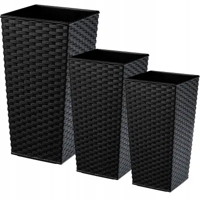Komplet 3 vrtnih lončkov + vložki, visoki, veliki, črni 57+68+75 cm