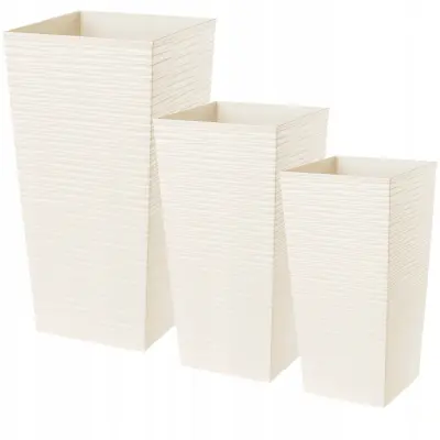 Komplet 3 vrtnih lončkov + vložki, visoki veliki, kremni, 47+57+68 cm