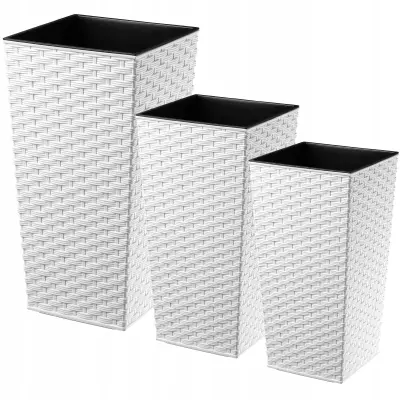 Komplet 3 vrtnih lončkov + vložki, visoki veliki, beli, 37+47+57 cm