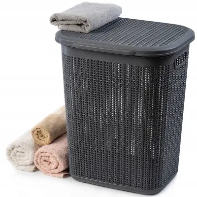 koš za perilo 50L velika plastična posoda s pokrovom temno siva