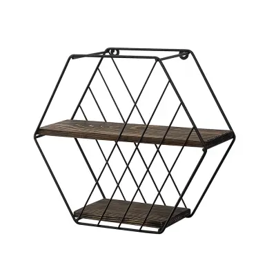 Hexagonal Metal Shelf 44x40x15cm, Črna-Oreh
