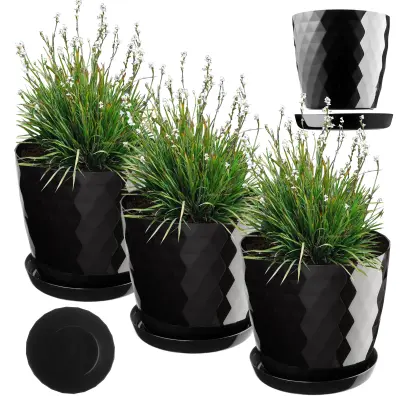 cvetlični lonec, sadilnik, pokrov, 18 cm, stojalo za rože, črna plastika, 3 kosi.