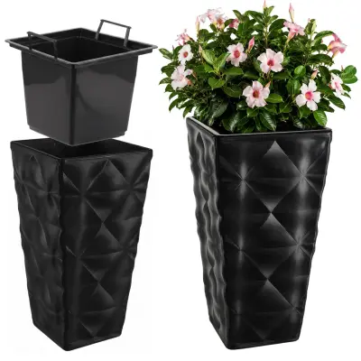 Vrtni lonec z vstavkom za rože Velik, visok, terasast 56 cm, črne barve