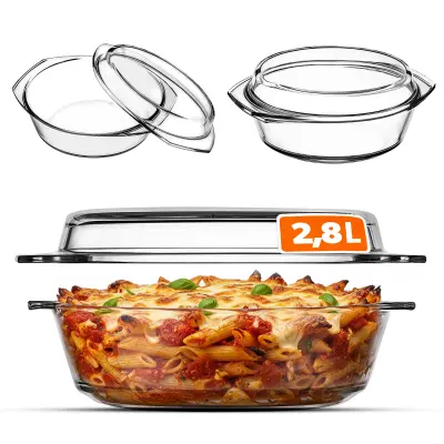 2,8-litrski okrogel steklen pekač s pokrovom