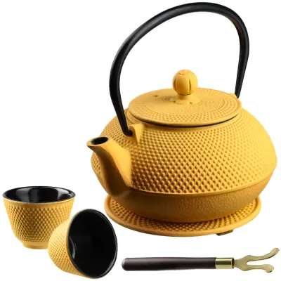 zeliščni čajni infuzer, litoželezni čajnik, vrč 850 ml + 2 skodelici, rumen