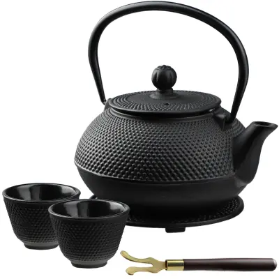 zeliščni čajni infuzer, litoželezni čajnik, vrč 850 ml + 2 skodelici, črne barve