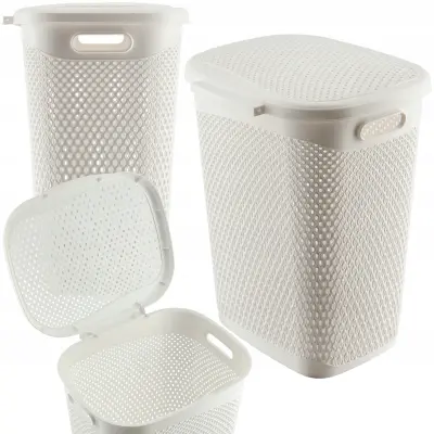 koš za perilo s pokrovom, velika plastična posoda, 55 l, bela