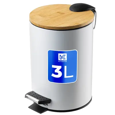 Majhen 3-litrski bambusov koš za odpadke s pedalom, mat bela