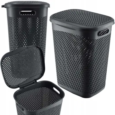koš za perilo s pokrovom, velika plastična posoda, 55 l, siva