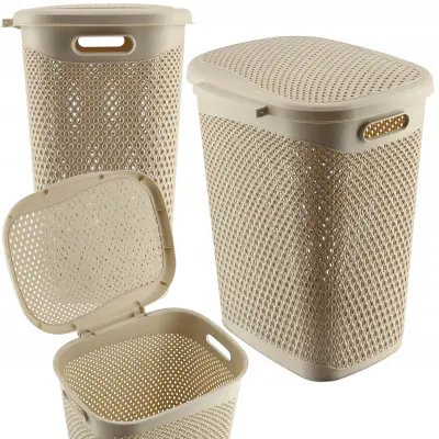 koš za perilo s pokrovom, plastična posoda, 55 l, bež