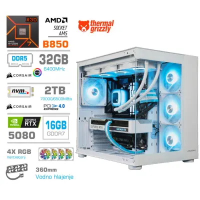Računalnik MEGA MT S5 R7-7800X3D/RTX5080/32GB-DDR5/2TB/1050W/Brez OS/bela RGB + Estetski napajalni kabli [Modra / Bela]