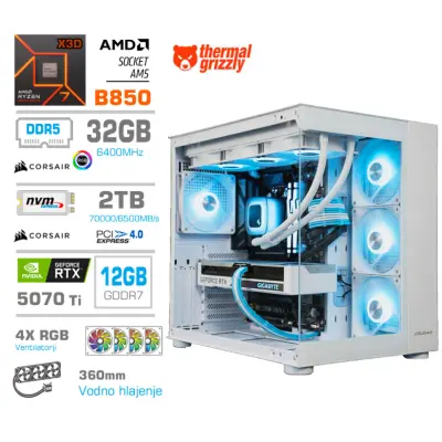 Računalnik MEGA MT S5 R7-9800X3D/RTX5070Ti/32GB-DDR5/2TB/750W/Brez OS/bela RGB + Estetski napajalni kabli [Modra / Bela]