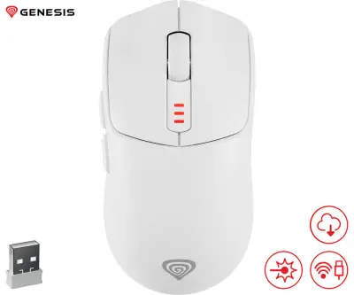 GENESIS ZIRCON 500 brezžična miška, gaming / pisarniška, 10.000DPI, Bluetooth 5.0 / USB 2.4GHz / USB Type-C, 6 gumbov, polnilna baterija, spomin,  bel