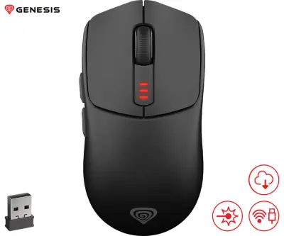 GENESIS ZIRCON 500 G2 brezžična miška, gaming / pisarniška, 10.000DPI, Bluetooth 5.0 / USB 2.4GHz / USB Type-C, 6 gumbov, črna (Onyx Black)