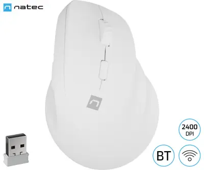 NATEC CRAKE 2 vertikalna brezžična miška, 2400DPI, ergonomska, Bluetooth / USB 2.4GHz, 6 gumbov, za desničarje, 1x AA baterija, bela