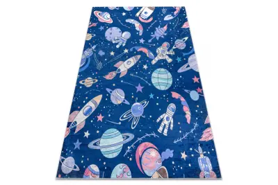 BAMBINO 61580 pralna preproga Vesolje, raketa za otroke protizdrsna - mornarsko modra / oranžna 140x190 cm