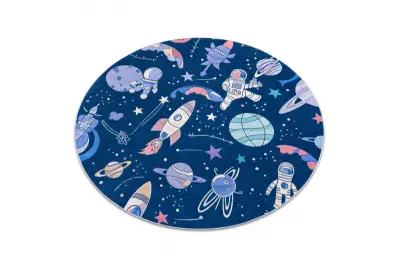 BAMBINO 61580 krog pralna preproga Vesolje, raketa za otroke protizdrsna - mornarsko modra / oranžna cercle 80 cm