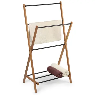 Držalo za brisače za kopalnico, črno, loft, jeklo, leseno