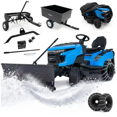Vrtni traktor HEXWELT HW-TR-586 – 586 cm³, 2-valjni 4-taktni motor, 107 cm + snežni plug, prikolica, prezračevalnik