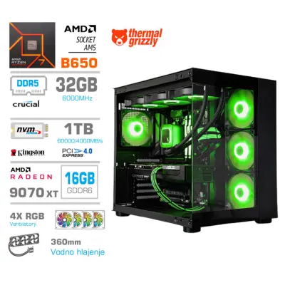 Računalnik MEGA MT S5 R7-7800X3D/RX9070 XT/32GB-DDR5/1TB/750W/Brez OS/črna RGB + Estetski napajalni kabli [Zelena / Črna]