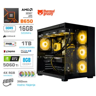 Računalnik MEGA MT S5 R5-7600X/RTX5060Ti/32GB-DDR5/1TB/750W/Brez OS/zelena črna RGB + Estetski napajalni kabli [Rumena / Črna]