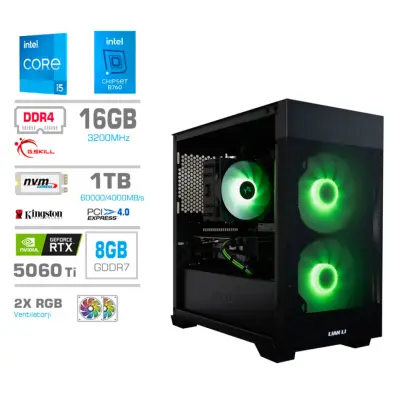 Računalnik MEGA MT S7X i5-14400/RTX5060Ti/16GB/1TB/750W/Brez OS/črna + Estetski napajalni kabli [Zelena / Črna]
