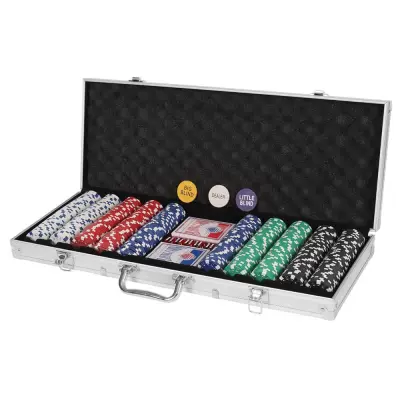 500-delni poker set v aluminijasti torbi s čipi, kartami in kockami