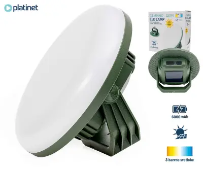 Solarna LED svetilka PLATINET PGCL02S CAMPING, 1400 lumnov, 21W moč, solarni panel, stojalo, kavelj, 8000mAh polnilna baterija, 14000-2900K