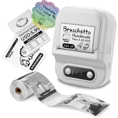 Termični tiskalnik nalepk Bluetooth, 203 dpi, Type-C, aplikacija White