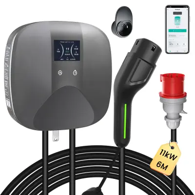 Pametna stenska polnilna postaja 11kW (Wallbox) | CEE 16A Trifazni vtič (Rdeč) + Priključek Type 2 (6 Metrov)
