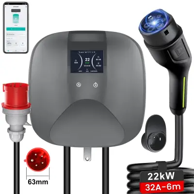 Pametna stenska polnilna postaja 22kW (Wallbox) | CEE 32A Trifazni vtič (Rdeč) + Priključek Type 2 (6 Metrov)