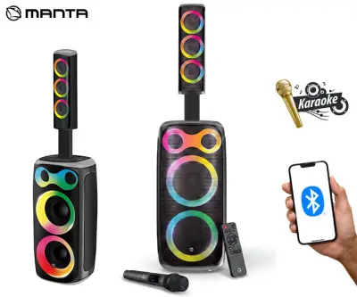 Prenosni karaoke zvočnik MANTA SPK602B160 PULSE160, 180W RMS, BT 5.3, TWS, XBASS, Equalizer, polnilna baterija, DISCO RGB LED, črn