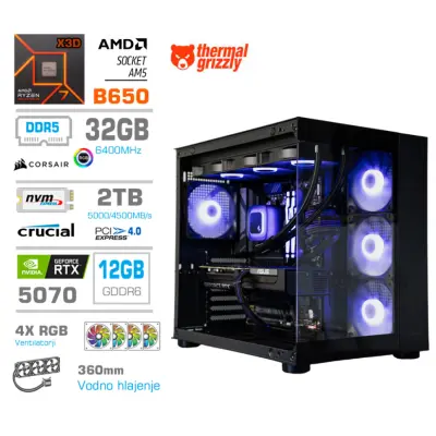 Računalnik MEGA MT S5 R7-7800X3D/RTX5070/32GB-DDR5/2TB/750W/Brez OS/črna RGB + Estetski napajalni kabli [Vijolična / Črna]