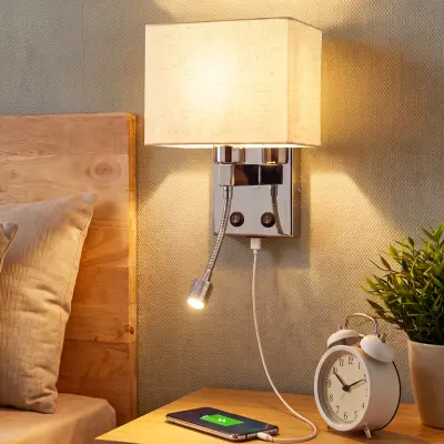 NETTLIFE stenska svetilka s senčnikom iz blaga, grlo E27 in priključkom USB