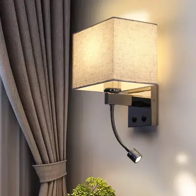 NETTLIFE 360° vrtljiva LED stenska bralna svetilka s stikalom, moderno kvadratno senčilo iz blaga, vtičnica E27 za spalnico, dnevno sobo, hodnik