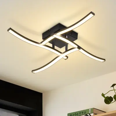 NETTLIFE črna LED stropna svetilka z valovito zasnovo, 24 W, 3000 K, toplo bela svetloba, za dnevno sobo, spalnico, kuhinjo ali pisarno