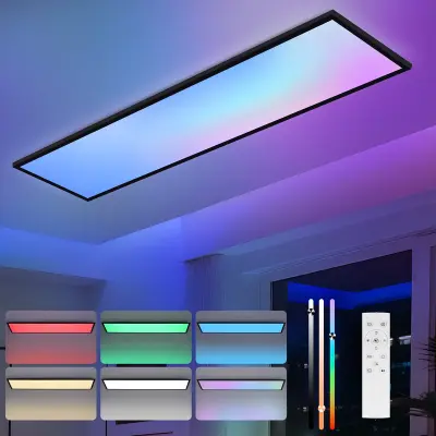 NETTLIFE 100x25 LED stropna svetilka - zatemnljiva RGB barvno spreminjajoča se dolga ravna stropna svetilka z daljinskim upravljalnikom, črna, 24 W