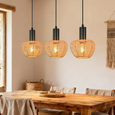 NETTLIFE boho viseči lestenec iz ratana s 3 lučmi E27, vintage pletena konopljina vrv, za kuhinjo ali jedilnico, brez žarnic