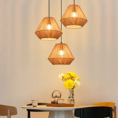 NETTLIFE boho viseča svetilka iz ratana s 3 grli E27, nastavljivo višino in retro dizajnom, brez žarnic, za dnevno sobo ali spalnico