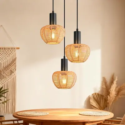 NETTLIFE boho viseči lestenec iz ratana s 3 lučmi E27, vintage pletena konopljina vrv, za kuhinjo ali jedilnico, brez žarnic