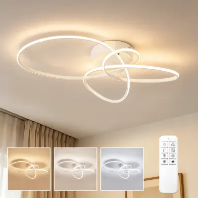 NETTLIFE sodobna bela LED stropna svetilka s svetlobnimi obroči, 24 W, zatemnilna, kovinska, z daljinskim upravljalnikom