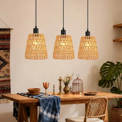 NETTLIFE boho viseči lestenec iz ratana s 3 lučmi E27, vintage pletena konopljina vrv, za kuhinjo ali jedilnico, brez žarnic