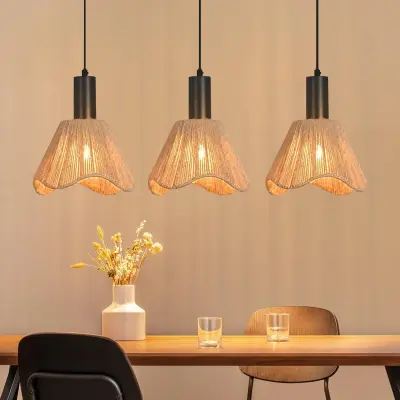 NETTLIFE boho viseči lestenec iz ratana s 3 lučmi E27, vintage pletena konopljina vrv, za kuhinjo ali jedilnico, brez žarnic