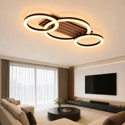 NETTLIFE LED stropna svetilka, 58 cm, 21 W, 3000 K, črna z lesnim videzom, sodobna zasnova s 3 obroči, za spalnico ali jedilnico