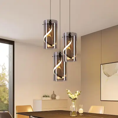 NETTLIFE vintage LED viseča svetilka s 3 okroglimi senčniki iz dimljenega sivega stekla, 33 W, 3000 K, nastavljiva višina, za jedilno mizo