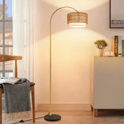 NETTLIFE Tlačna svetilka iz rogoza v boho slogu – Nastavljiva ločna svetilka z daljinskim upravljalnikom, LED E27, vintage stil,350°