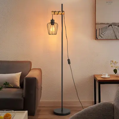 NETTLIFE Dnevna tlačna svetilka iz lesa: Vintage stoječa svetilka, črna dnevna svetilka, stoječa svetilka z ušesom E27, višina 146 cm (brez žar