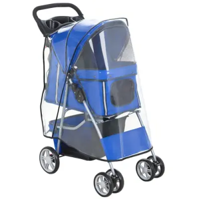 Zložljiv voziček za pse in mačke do 10 kg, z zaščito proti dežju, odsevnimi trakovi, košaro za shranjevanje, moder, 77x44x102 cm