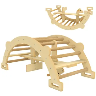 Montessori plezalni lok za notranjo uporabo, 2-v-1 leseno plezalo, za otroke 2–4 leta, naravni les, 110 x 52 x 45 cm