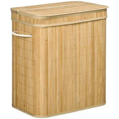 Bambusova košara za perilo 90 L s pokrovom in ročaji, 2 predelka, snemljiva vreča, 54,2 x 35,2 x 59,5 cm